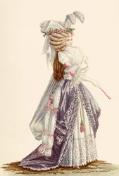 「Galeries des Modes et Costumes Francais」からの婦人用ローブ「àla Grecque」、c.1778-87